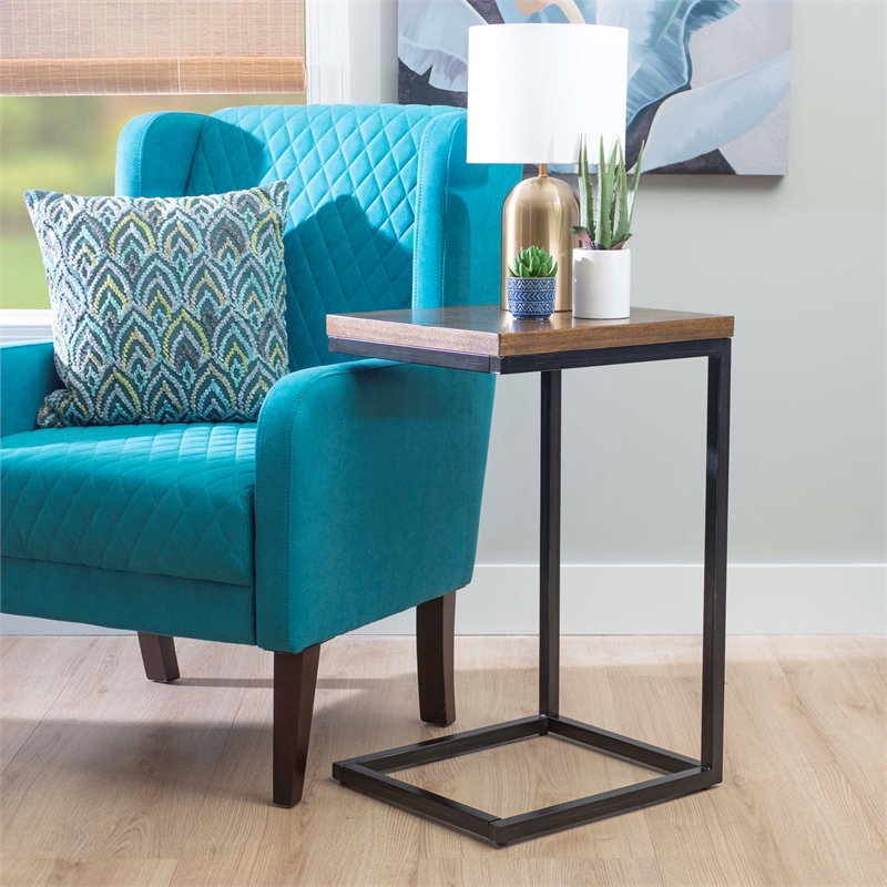 Pemberly Row C Table with Stained Wood Top and Black Metal Base