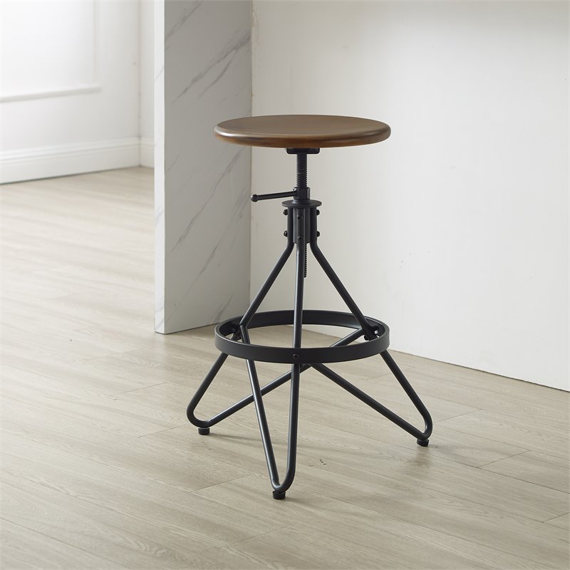 Pemberly Row Adjustable Metal Stool with Wood Seat in Brown/Matte Black
