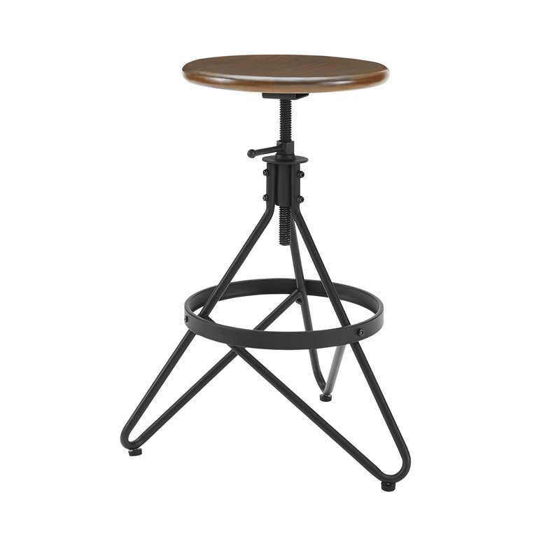 Pemberly Row Adjustable Metal Stool with Wood Seat in Brown/Matte Black