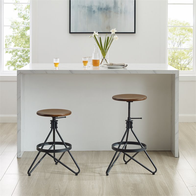 Pemberly Row Adjustable Metal Stool with Wood Seat in Brown/Matte Black