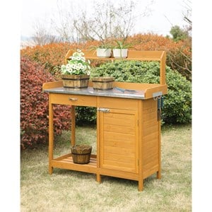 Pemberly Row Deluxe Potting Bench with Cabinet in Light Oak Finish
