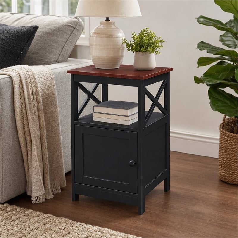 Pemberly Row Oxford End Table with Cabinet in Cherry/Black Finish
