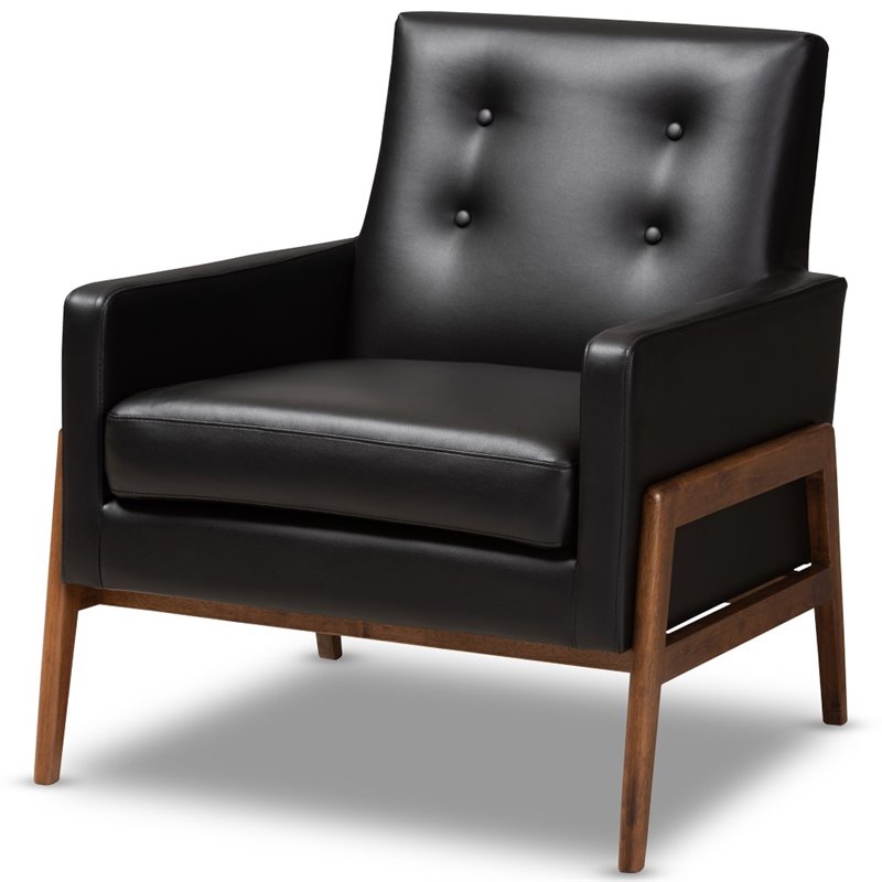 Pemberly Row Perris Faux Leather Lounge Chair in Black and Walnut