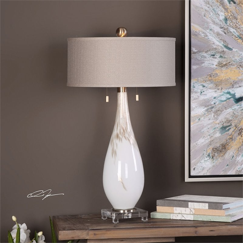 Pemberly Row Cardoni Iron Glass and Linen Table Lamp in White
