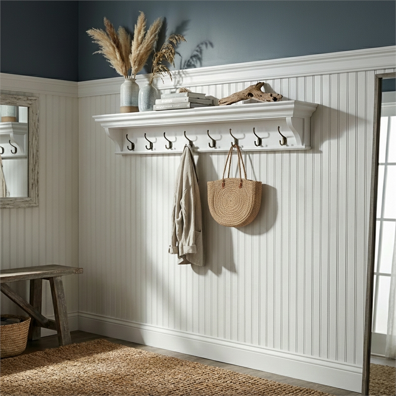 Pemberly Row 8-Hook Mahogany Wood Coat Rack with Shelf in White