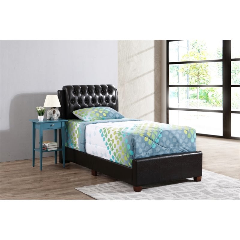 Pemberly Row Faux Leather Twin Upholstered Bed in Dark Brown Finish