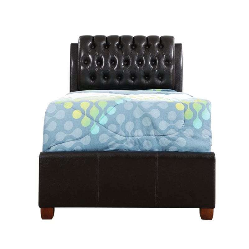 Pemberly Row Faux Leather Twin Upholstered Bed in Dark Brown Finish
