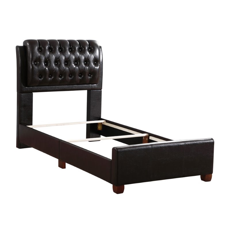 Pemberly Row Faux Leather Twin Upholstered Bed in Dark Brown Finish