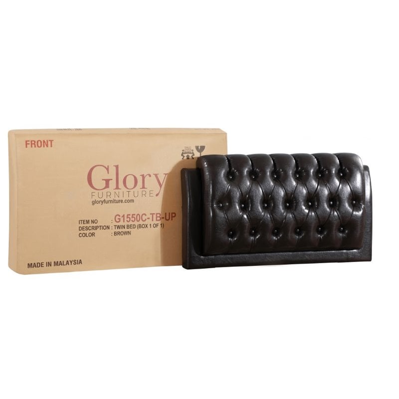 Pemberly Row Faux Leather Twin Upholstered Bed in Dark Brown Finish