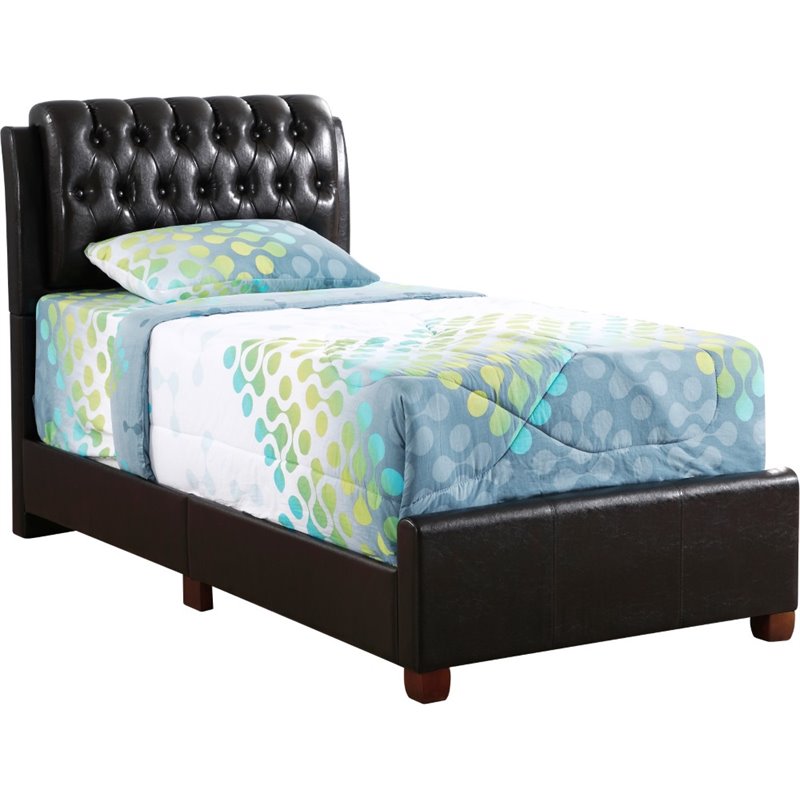Pemberly Row Faux Leather Twin Upholstered Bed in Dark Brown Finish