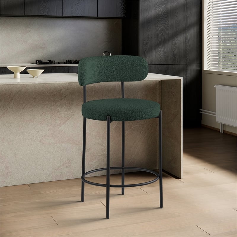 Pemberly Row Set of 2 Boucle Fabric Counter Stools in Green