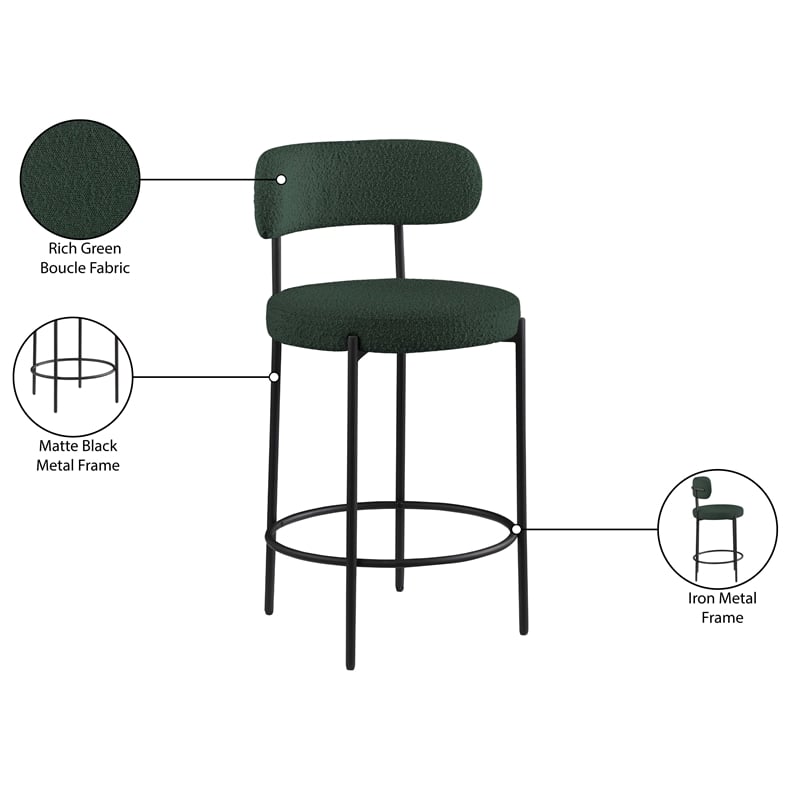 Pemberly Row Set of 2 Boucle Fabric Counter Stools in Green