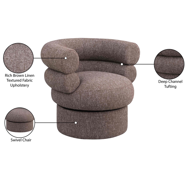 Pemberly Row Swivel Accent Chair in Brown Linen Textured Fabric with Tufting