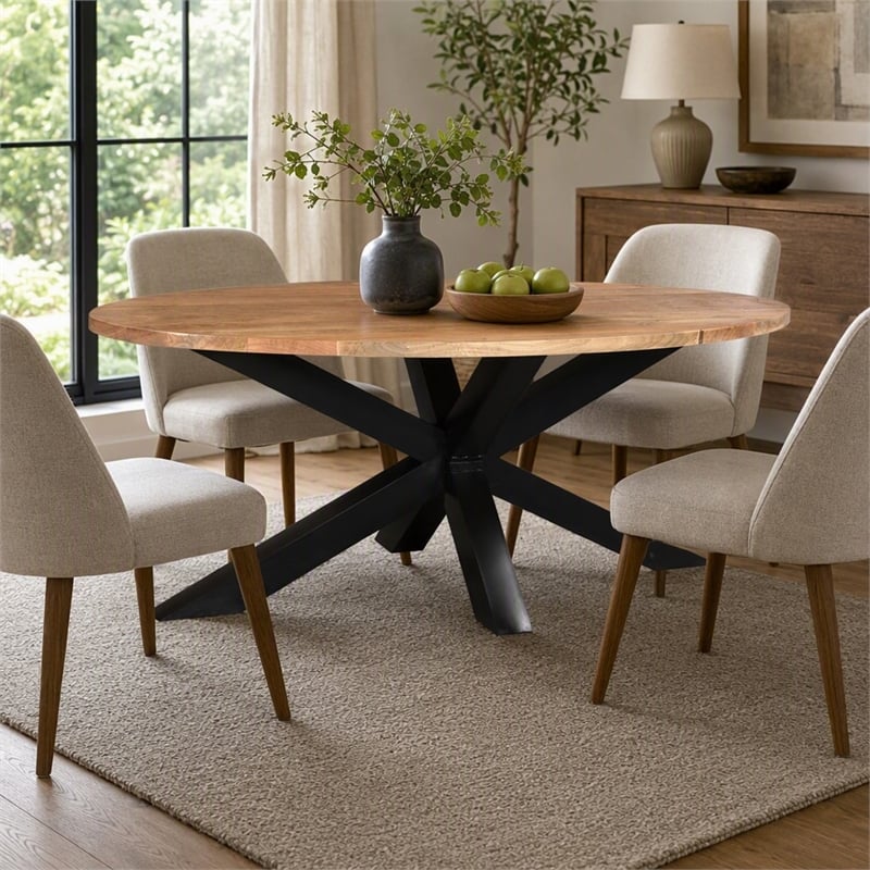 Pemberly Row Oval Mango Wood Dining Table with Black Metal Cross-Legs