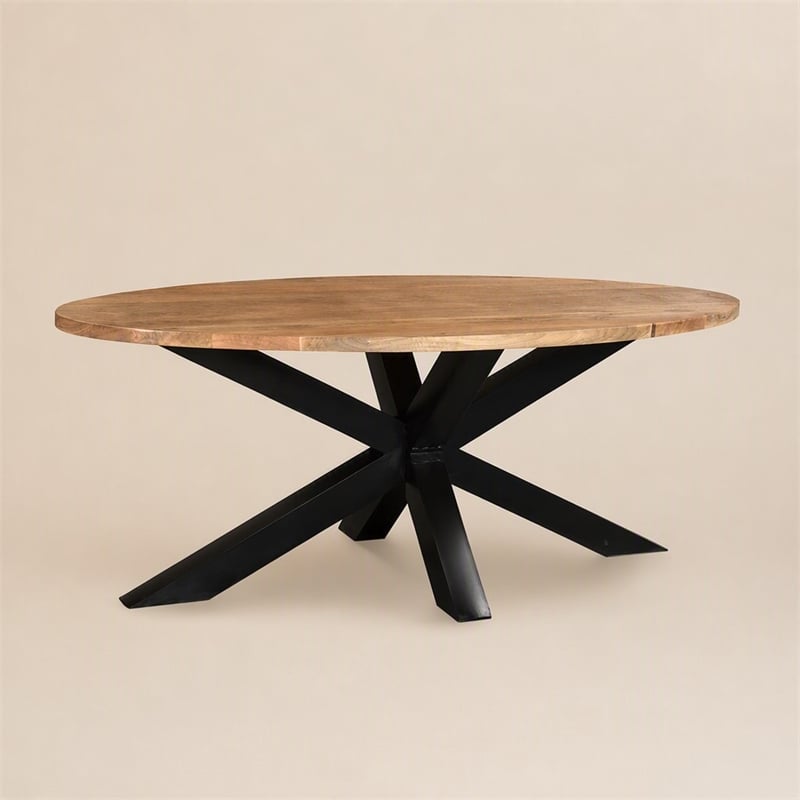 Pemberly Row Oval Mango Wood Dining Table with Black Metal Cross-Legs