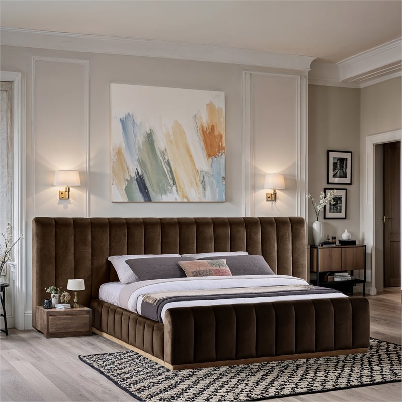 Pemberly Row Brown Velvet King Bed with Natural Wood Base