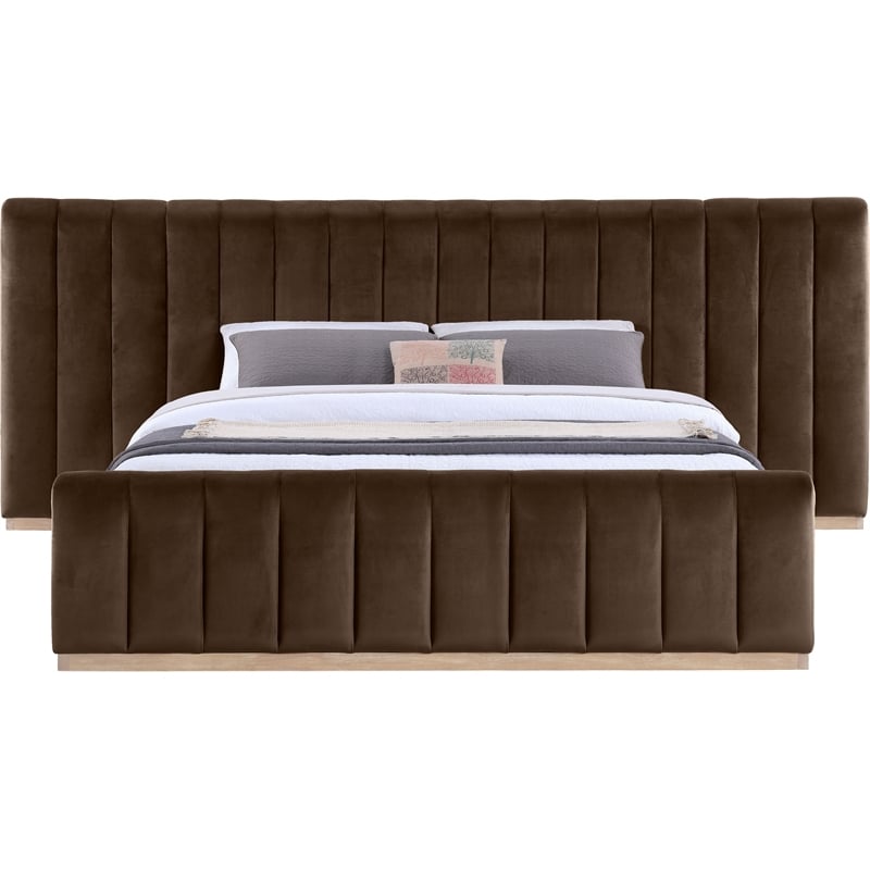 Pemberly Row Brown Velvet King Bed with Natural Wood Base