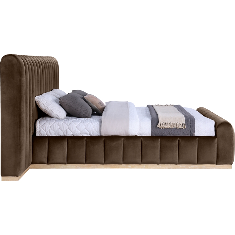 Pemberly Row Brown Velvet King Bed with Natural Wood Base