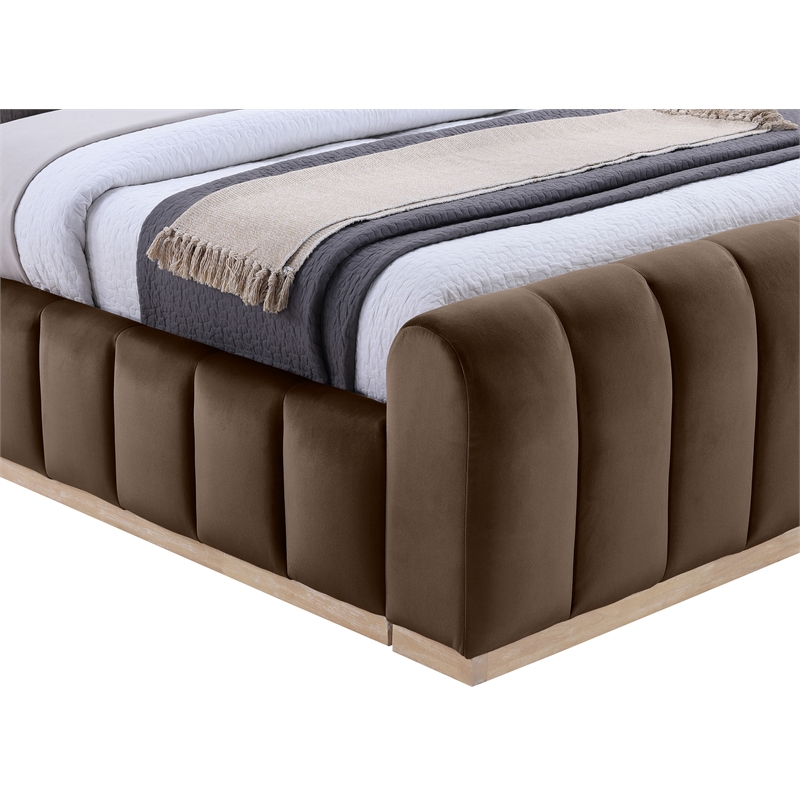 Pemberly Row Brown Velvet King Bed with Natural Wood Base