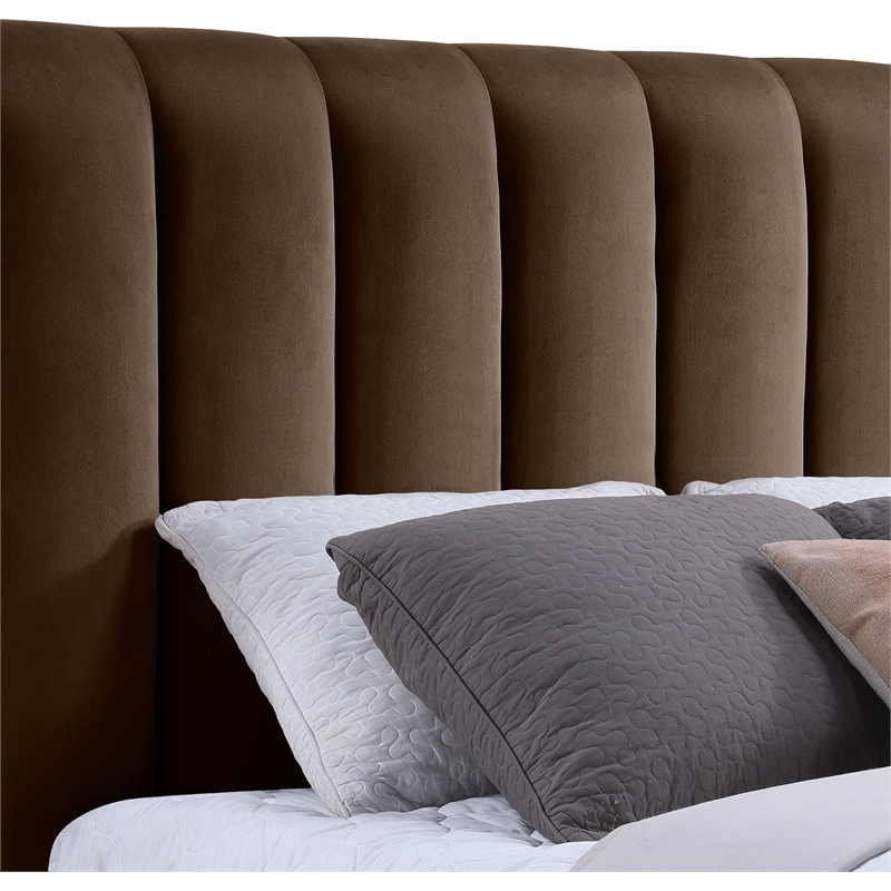 Pemberly Row Brown Velvet King Bed with Natural Wood Base