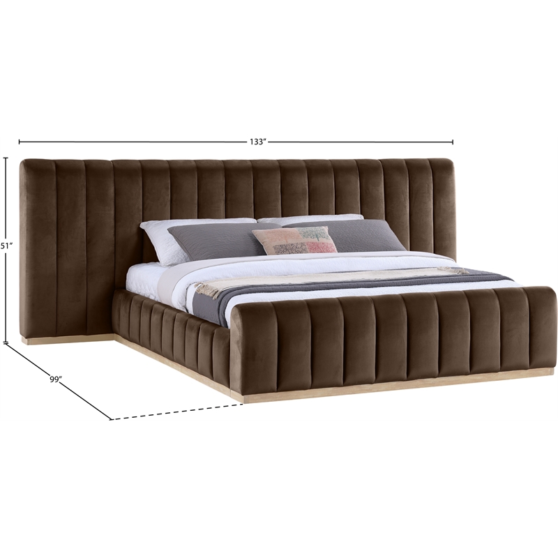Pemberly Row Brown Velvet King Bed with Natural Wood Base