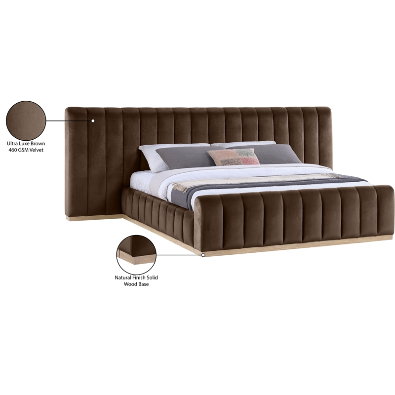 Pemberly Row Brown Velvet King Bed with Natural Wood Base