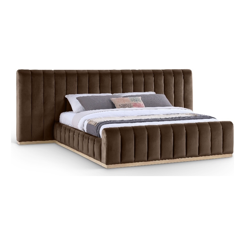 Pemberly Row Brown Velvet King Bed with Natural Wood Base