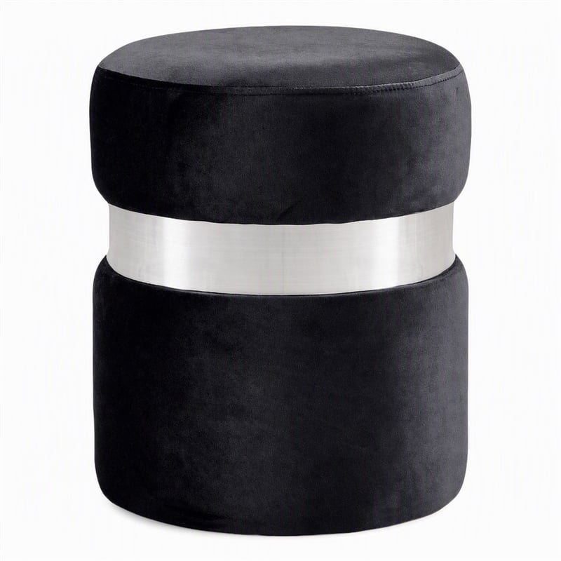Pemberly Row Velvet Ottoman Stool in Black with Chrome Steel Band