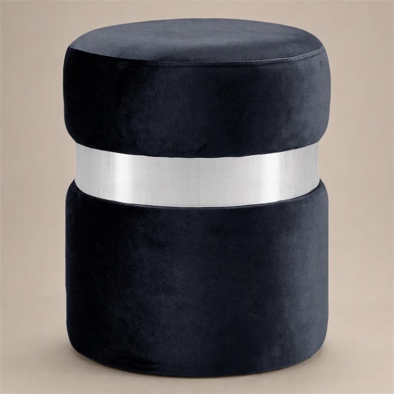Pemberly Row Velvet Ottoman Stool in Black with Chrome Steel Band