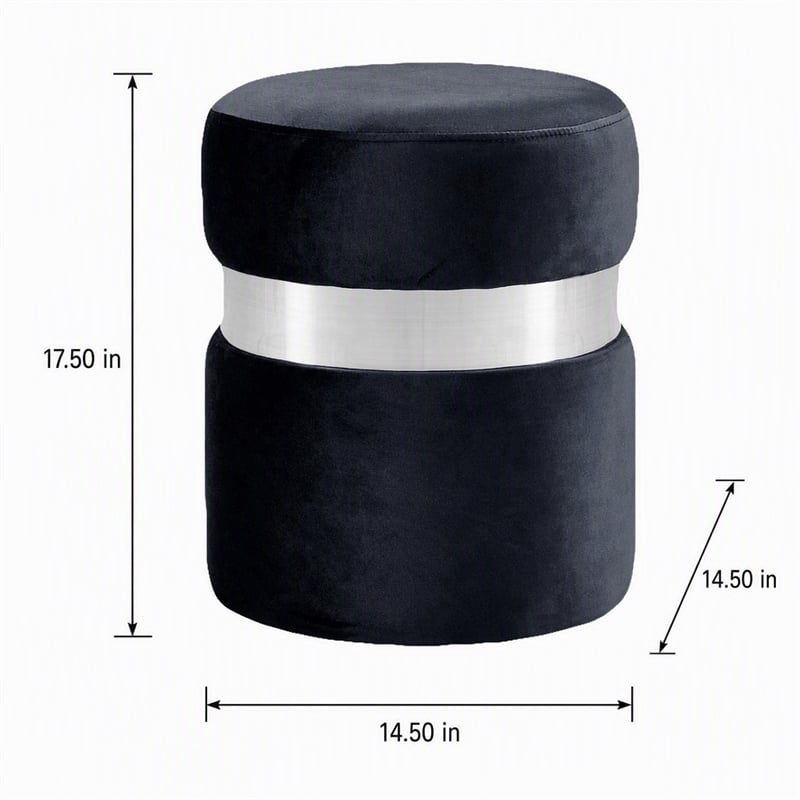 Pemberly Row Velvet Ottoman Stool in Black with Chrome Steel Band