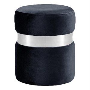 Pemberly Row Velvet Ottoman Stool in Black with Chrome Steel Band