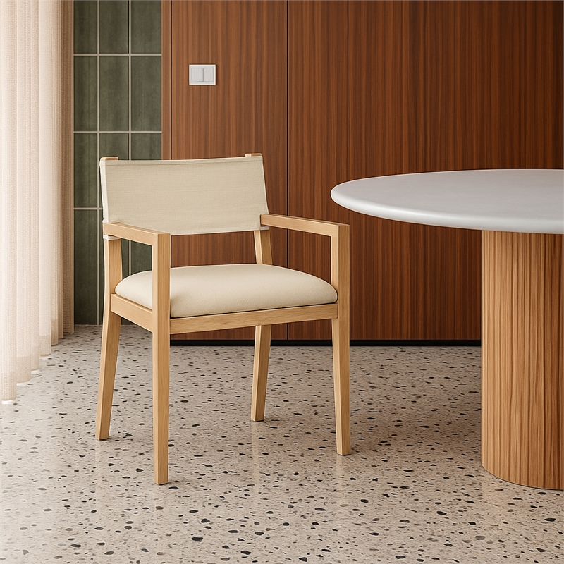 Pemberly Row Dining Arm Chair in Cream Linen Textured Fabric