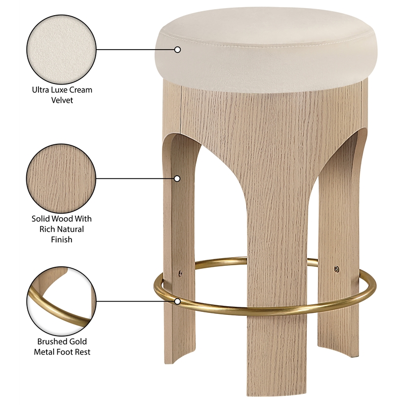 Pemberly Row Velvet Upholstered Counter Stool in Cream with Natural Finish