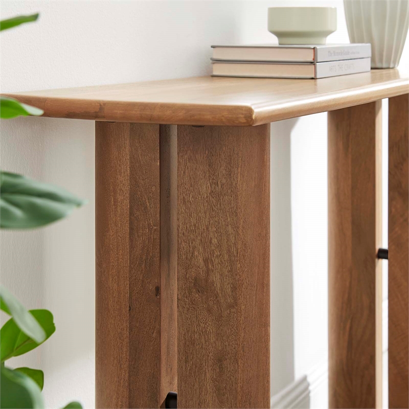 Pemberly Row Mango Wood Console Table with Adjustable Foot Pads in Walnut