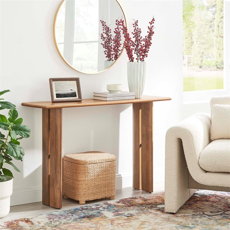Pemberly Row Mango Wood Console Table with Adjustable Foot Pads in Walnut