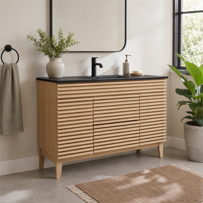 Pemberly Row 48 in Plastic & Wood Single Sink Bathroom Vanity in Oak/Black