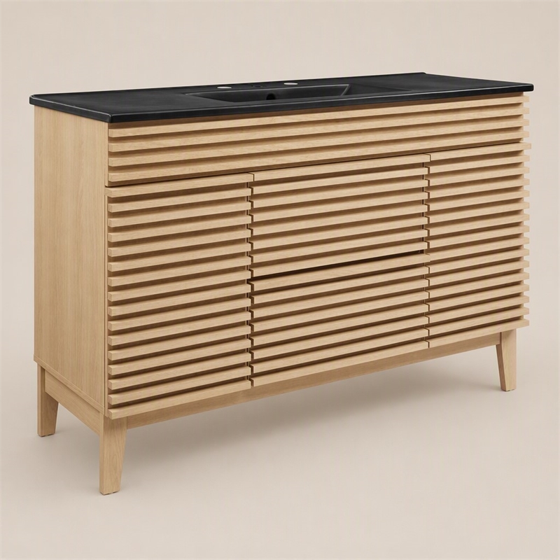 Pemberly Row 48 in Plastic & Wood Single Sink Bathroom Vanity in Oak/Black