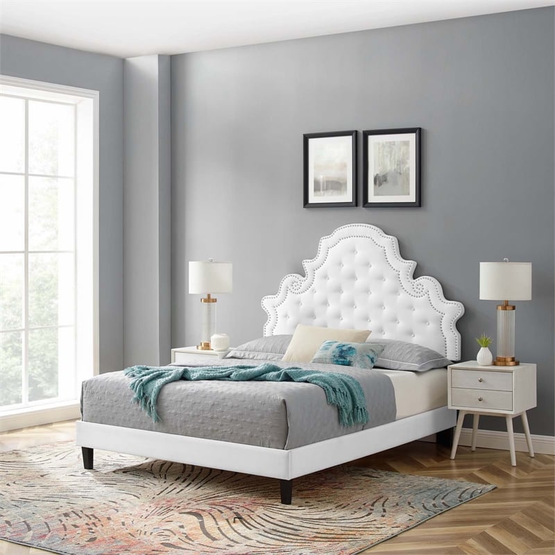 Pemberly Row Tufted Velvet Twin Platform Bed in White Upholstery