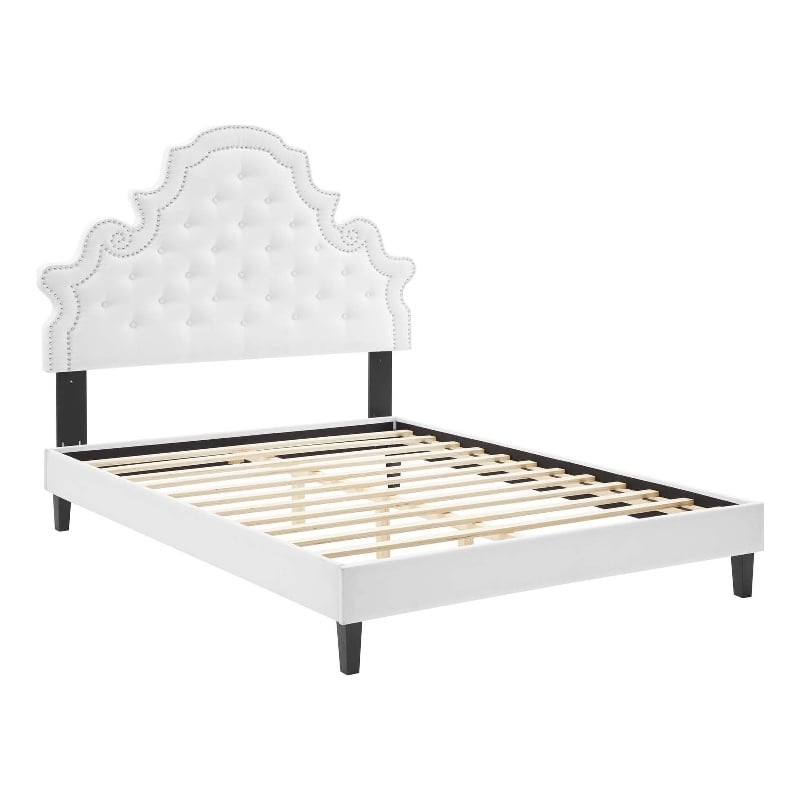 Pemberly Row Tufted Velvet Twin Platform Bed in White Upholstery