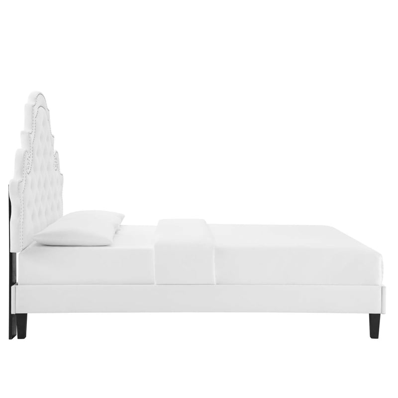 Pemberly Row Tufted Velvet Twin Platform Bed in White Upholstery