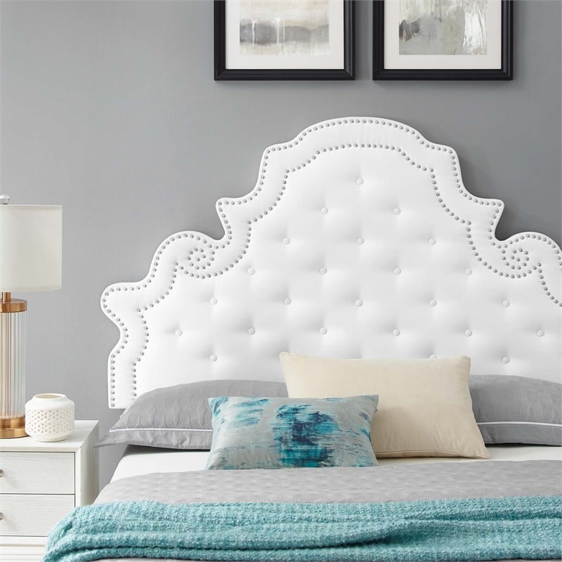 Pemberly Row Tufted Velvet Twin Platform Bed in White Upholstery