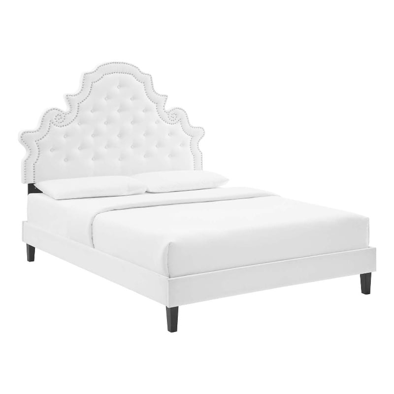 Pemberly Row Tufted Velvet Twin Platform Bed in White Upholstery