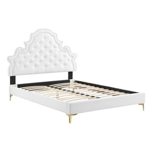 Pemberly Row Tufted Velvet Twin Platform Bed in White w/ Gold Legs