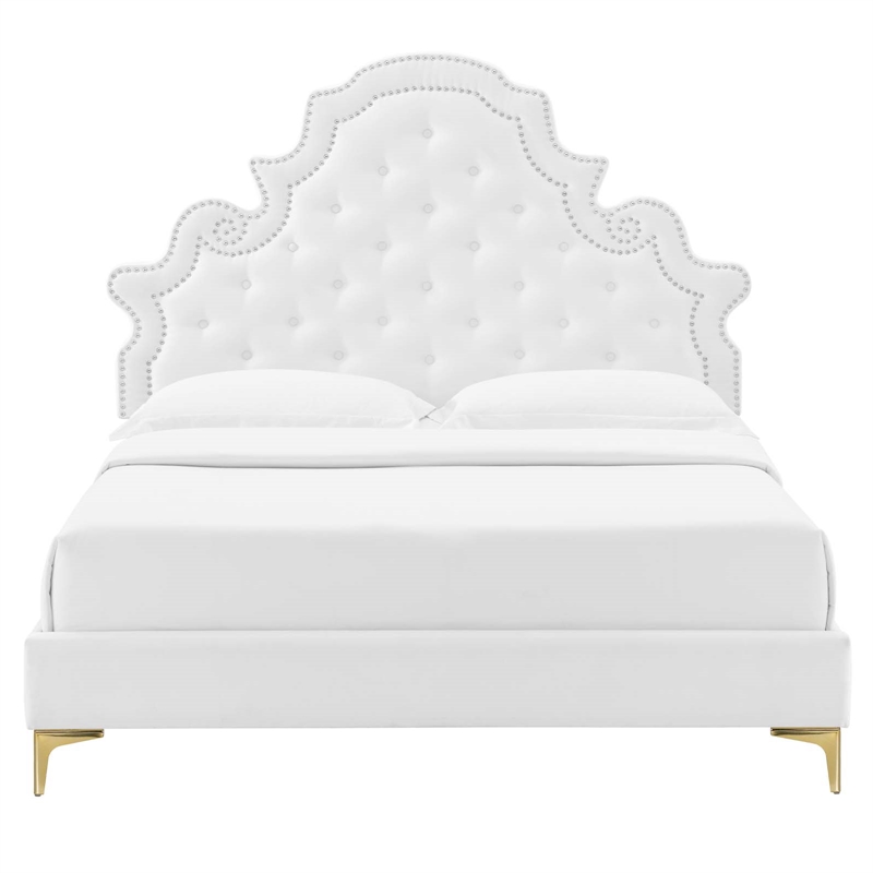 Pemberly Row Tufted Velvet Twin Platform Bed in White w/ Gold Legs