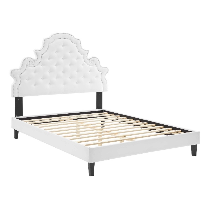 Pemberly Row Tufted Velvet Queen Platform Bed with White Upholstery