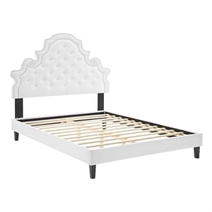 Pemberly Row Tufted Velvet Queen Platform Bed with White Upholstery