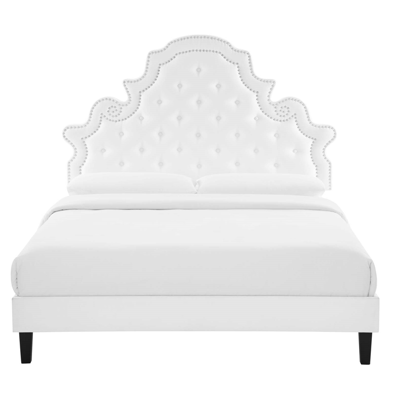 Pemberly Row Tufted Velvet Queen Platform Bed with White Upholstery