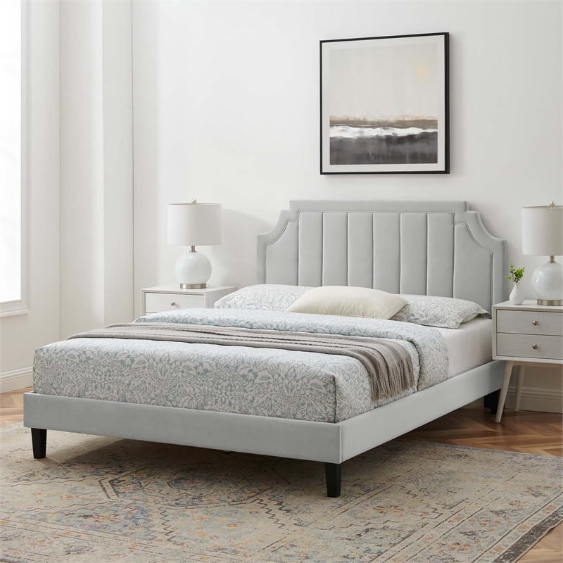 Pemberly Row Velvet Twin Platform Bed with Tufted Headboard in Light Gray