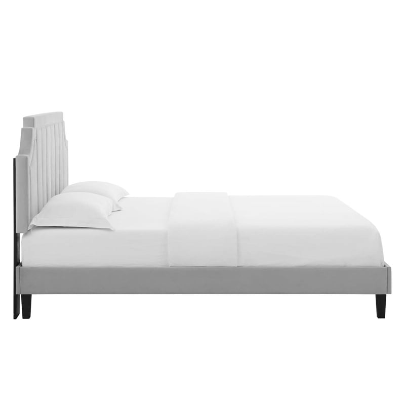 Pemberly Row Velvet Twin Platform Bed with Tufted Headboard in Light Gray