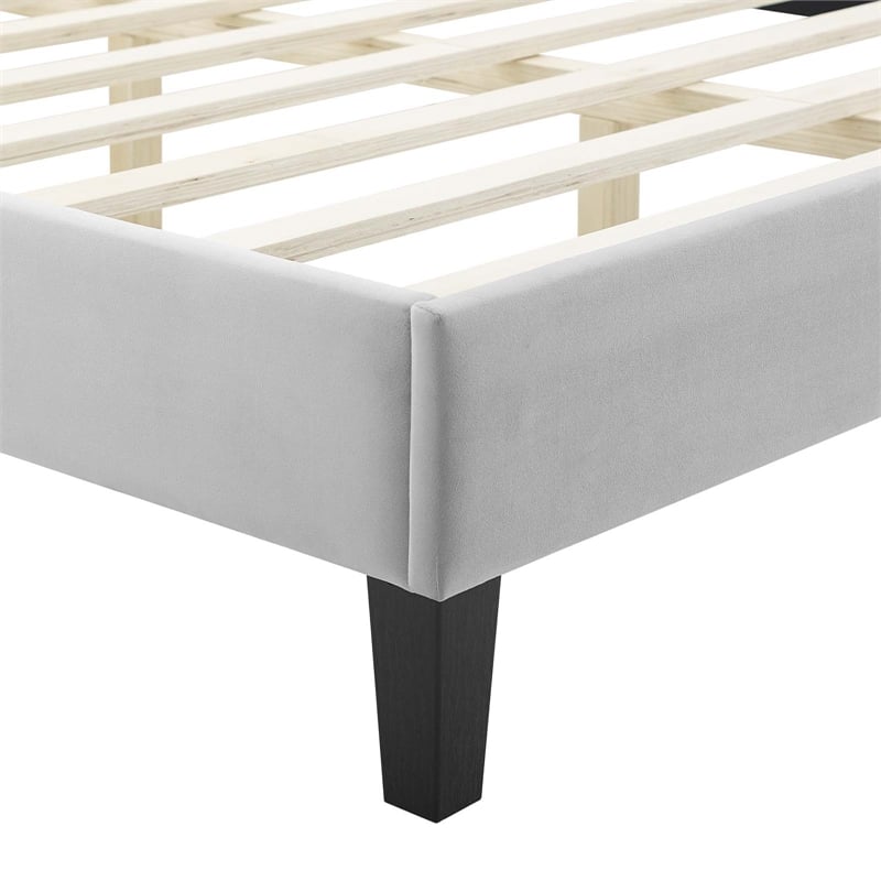 Pemberly Row Velvet Twin Platform Bed with Tufted Headboard in Light Gray